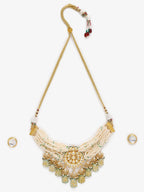 Gold-Plated White Green Stone-Studded Pearls Beaded Handcrafted Jewellery Set - Ruby Raang - Distacart
