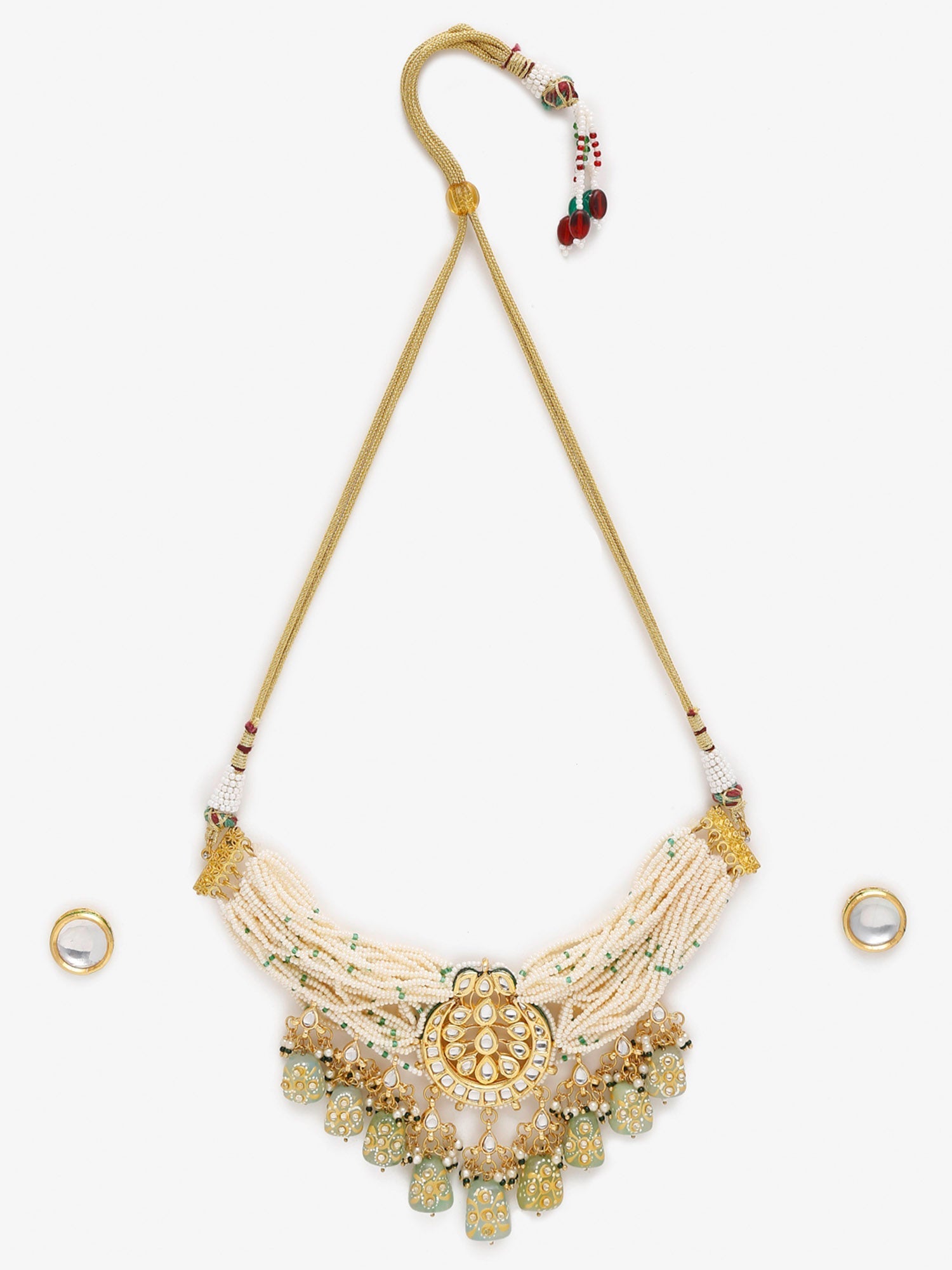 Gold-Plated White Green Stone-Studded Pearls Beaded Handcrafted Jewellery Set - Ruby Raang - Distacart