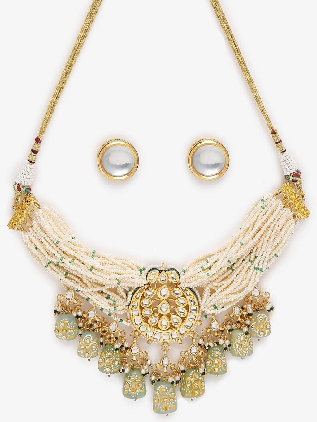 Gold-Plated White Green Stone-Studded Pearls Beaded Handcrafted Jewellery Set - Ruby Raang - Distacart