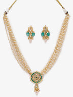 Gold Plated Green White Kundan Studded Layered Jewellery Set - Ruby Raang - Distacart