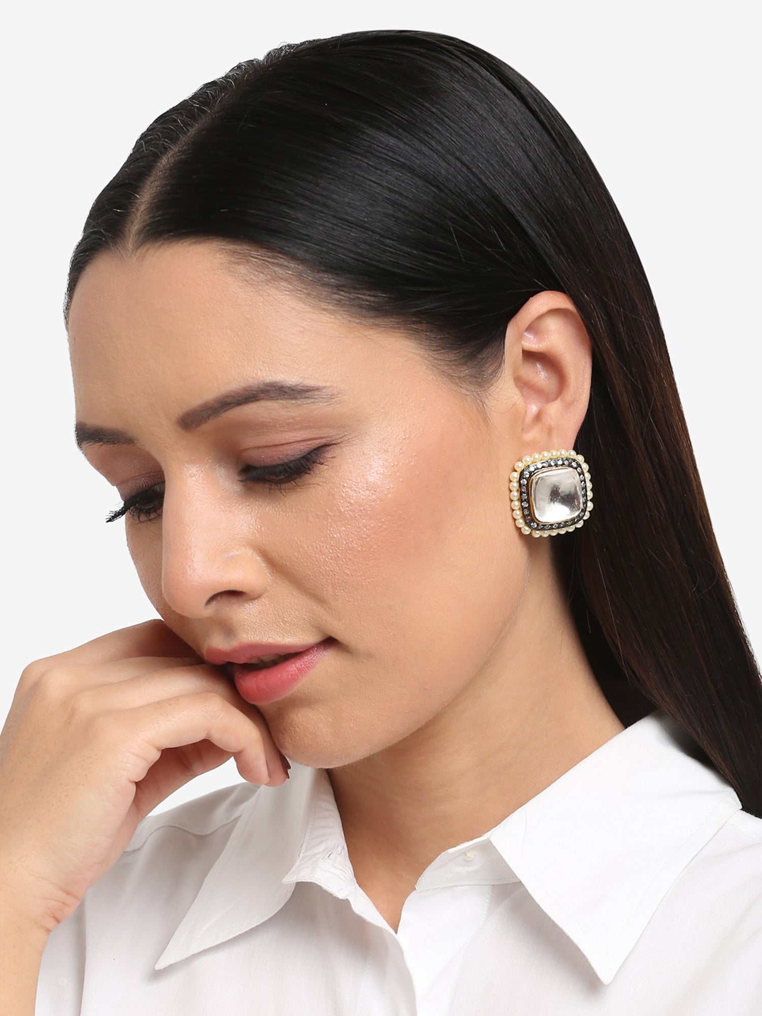 White Contemporary Studs Earrings - Ruby Raang - Distacart