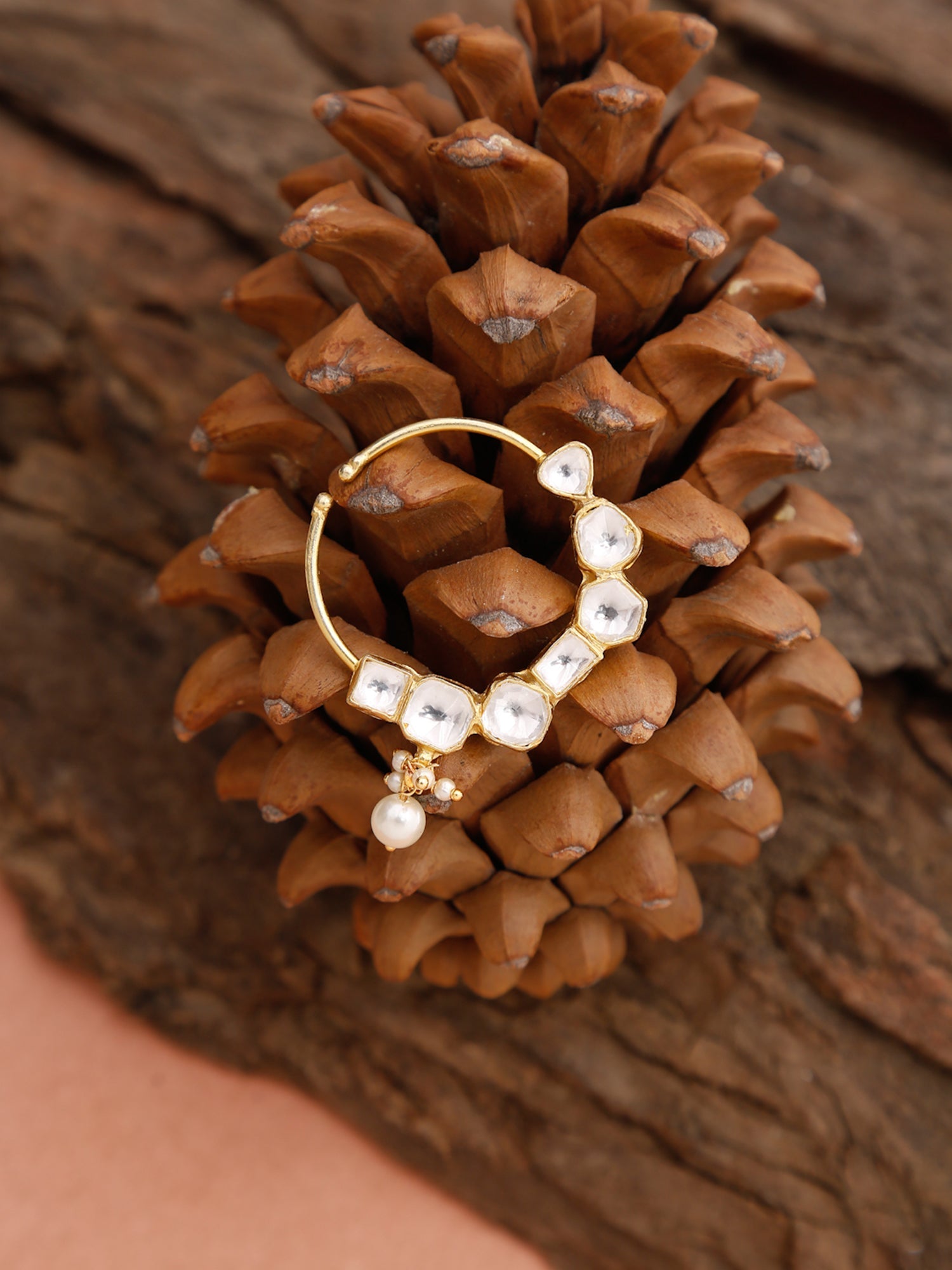 Gold-Plated White Kundan Studded Pearl Beaded Nose Pin - Ruby Raang - Distacart