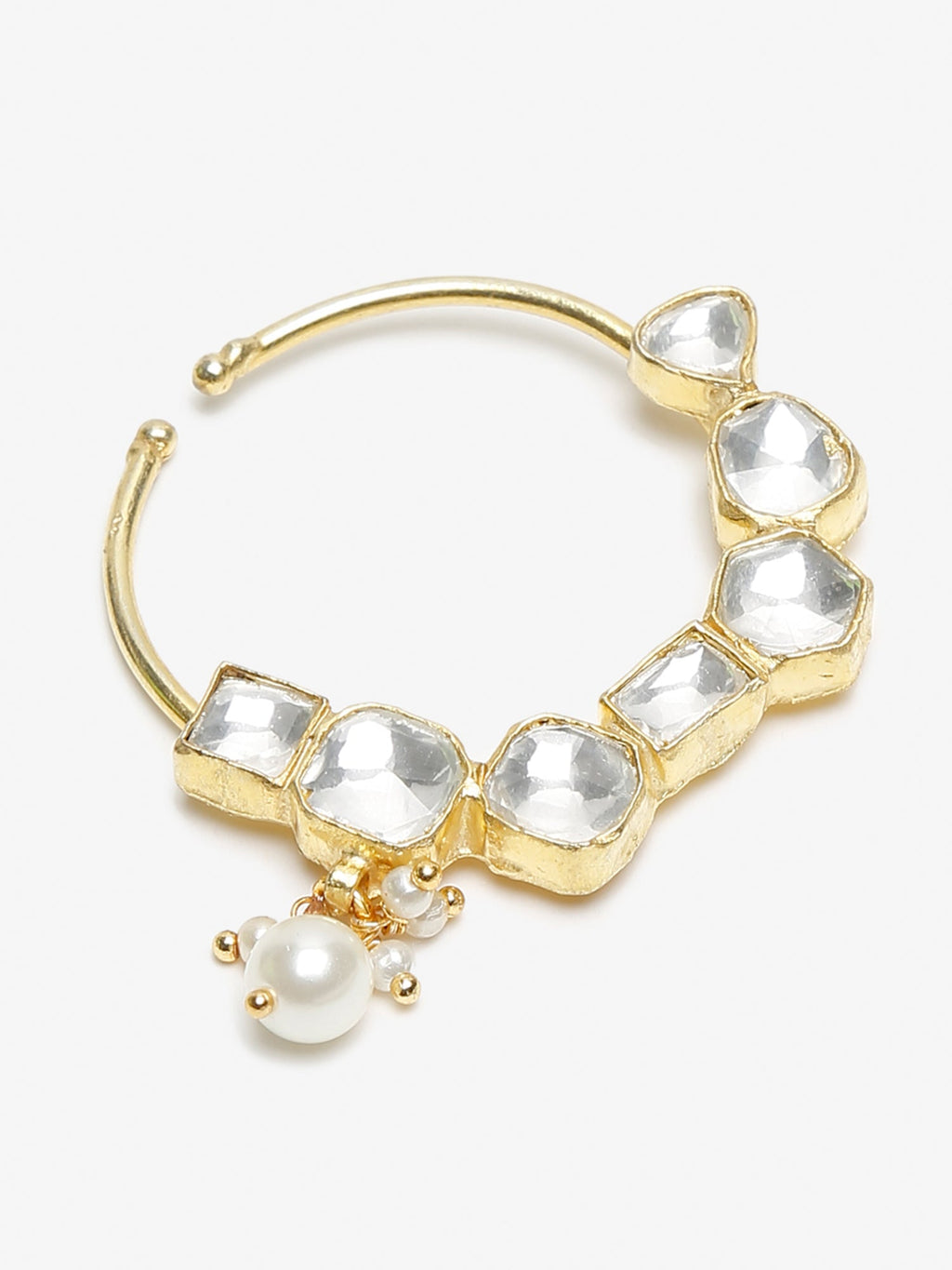 Gold-Plated White Kundan Studded Pearl Beaded Nose Pin - Ruby Raang - Distacart