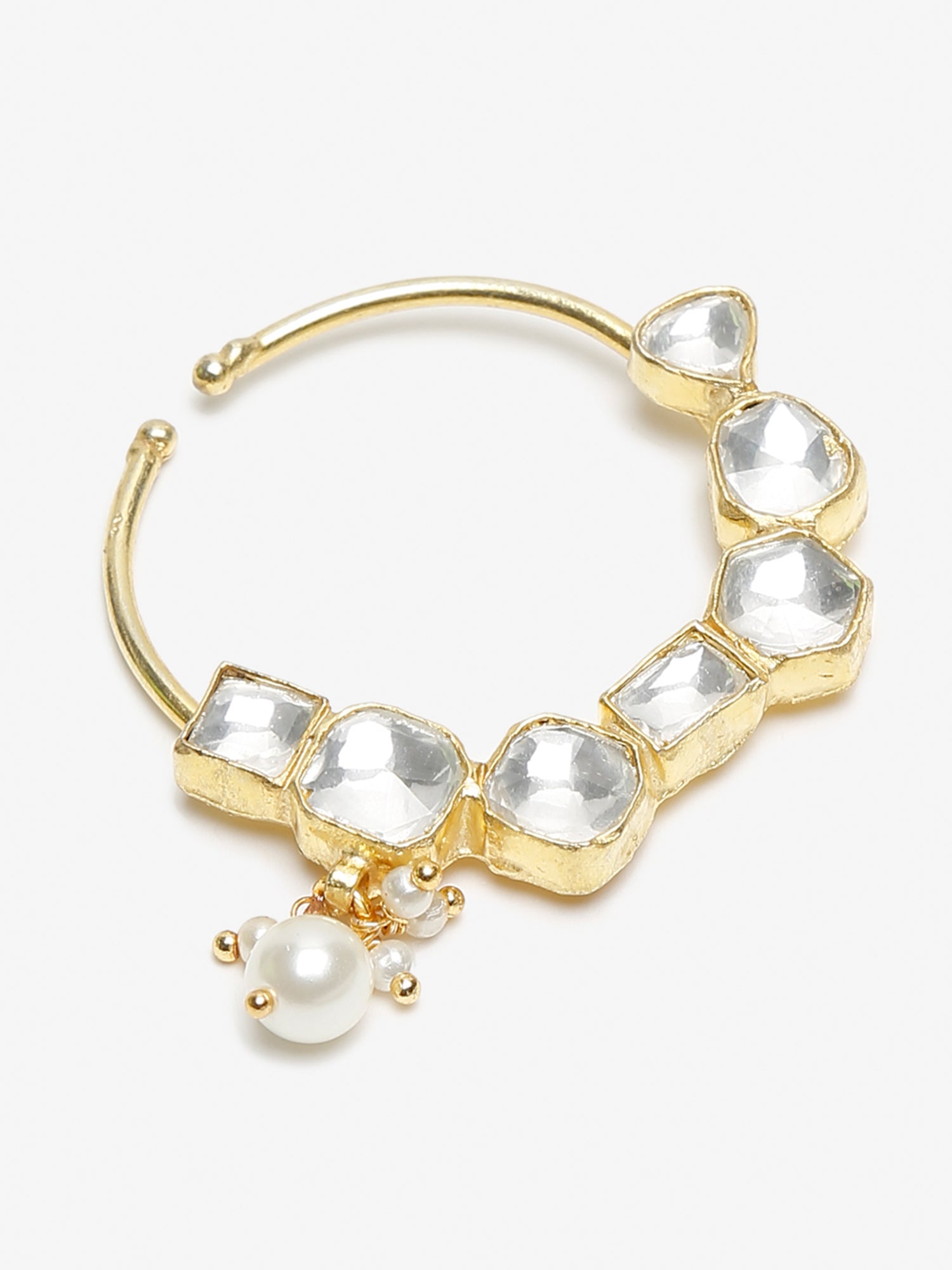 Gold-Plated White Kundan Studded Pearl Beaded Nose Pin - Ruby Raang - Distacart