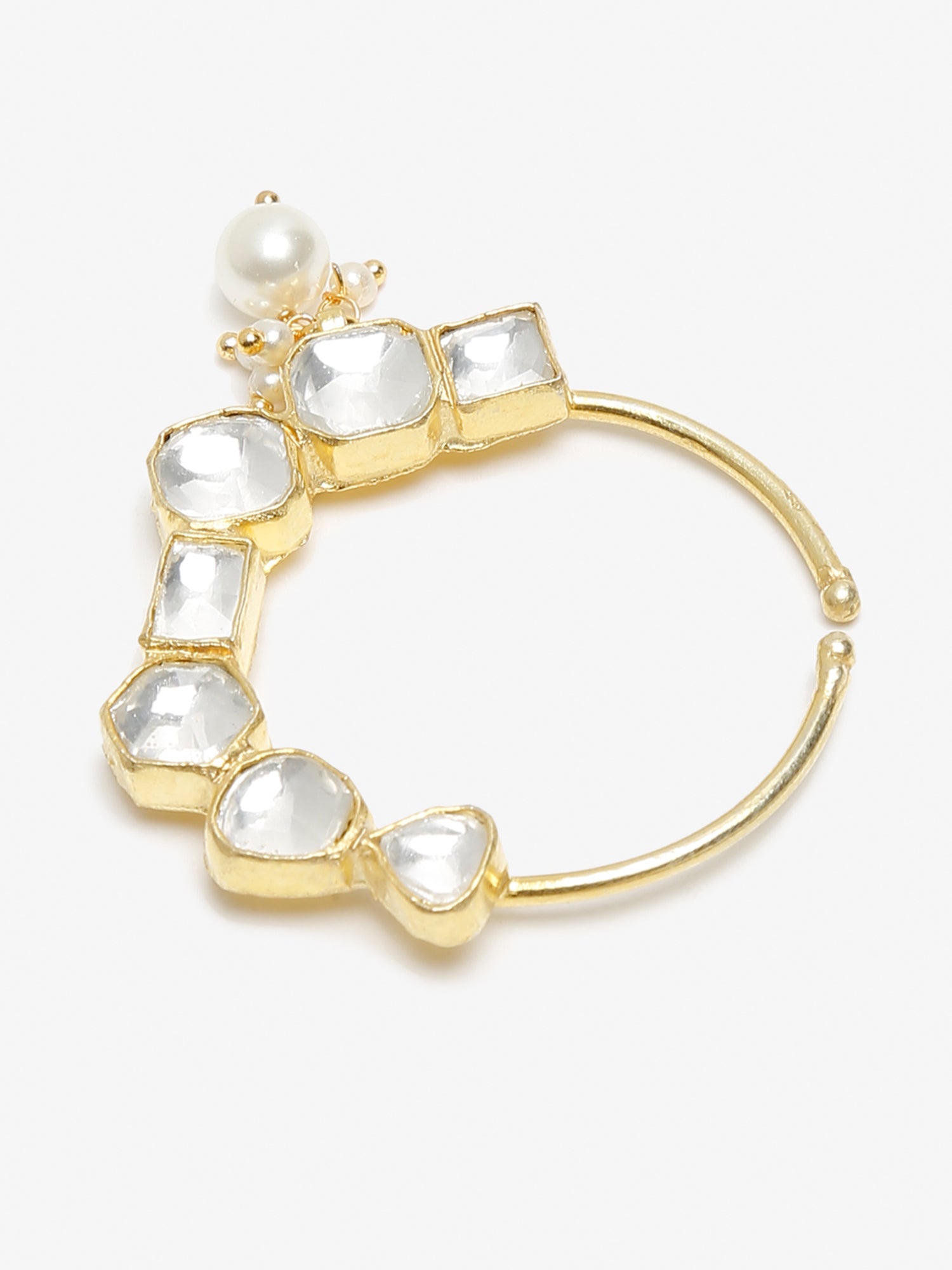 Gold-Plated White Kundan Studded Pearl Beaded Nose Pin - Ruby Raang - Distacart