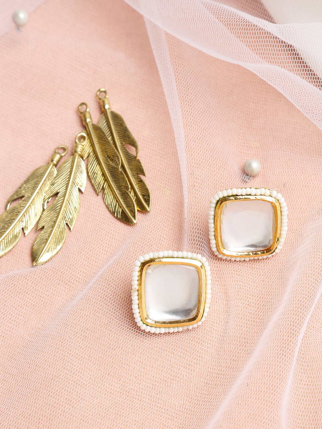 White Artificial Stone Beads Studded Contemporary Studs Earrings - Ruby Raang - Distacart