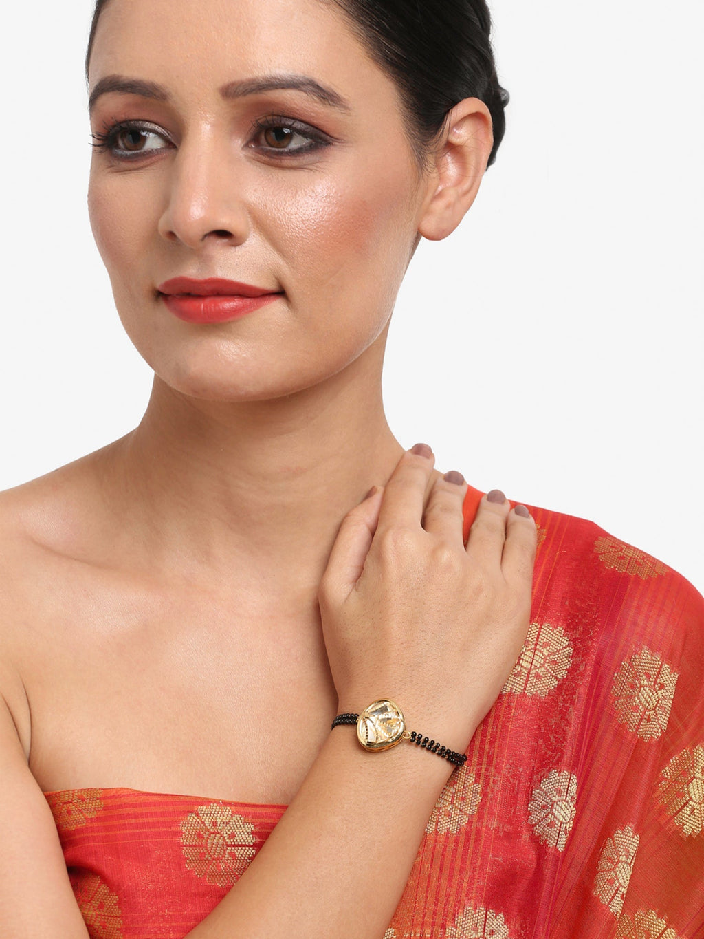 Women's Black Gold-Plated Charm Kundan Studded Mangalsutra Bracelet - Ruby Raang - Distacart