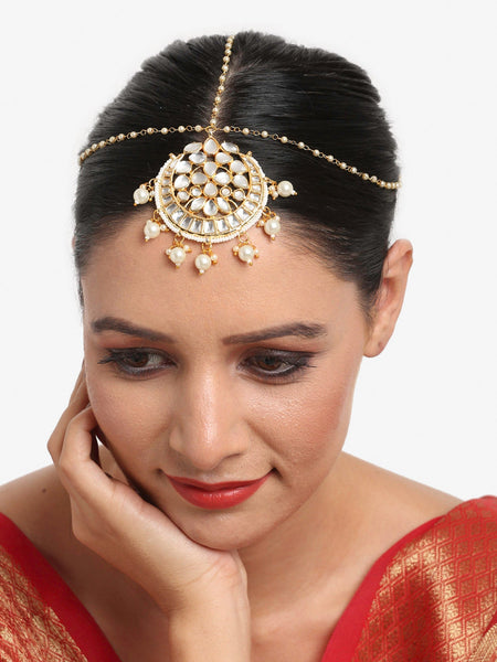 Gold-Polished White Kundan-Studded Pearl Beaded Handcrafted Maatha Patti - Ruby Raang