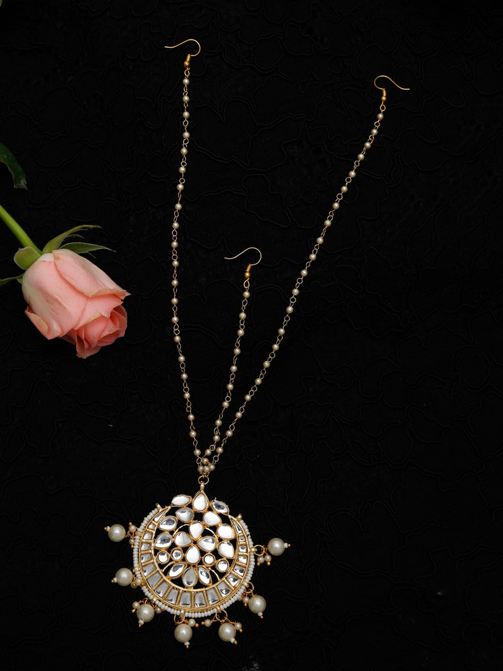 Gold-Plated White Kundan-Studded Pearl Beaded Handcrafted Maatha Patti - Ruby Raang - Distacart