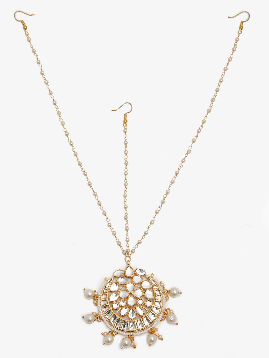 Gold-Plated White Kundan-Studded Pearl Beaded Handcrafted Maatha Patti - Ruby Raang - Distacart