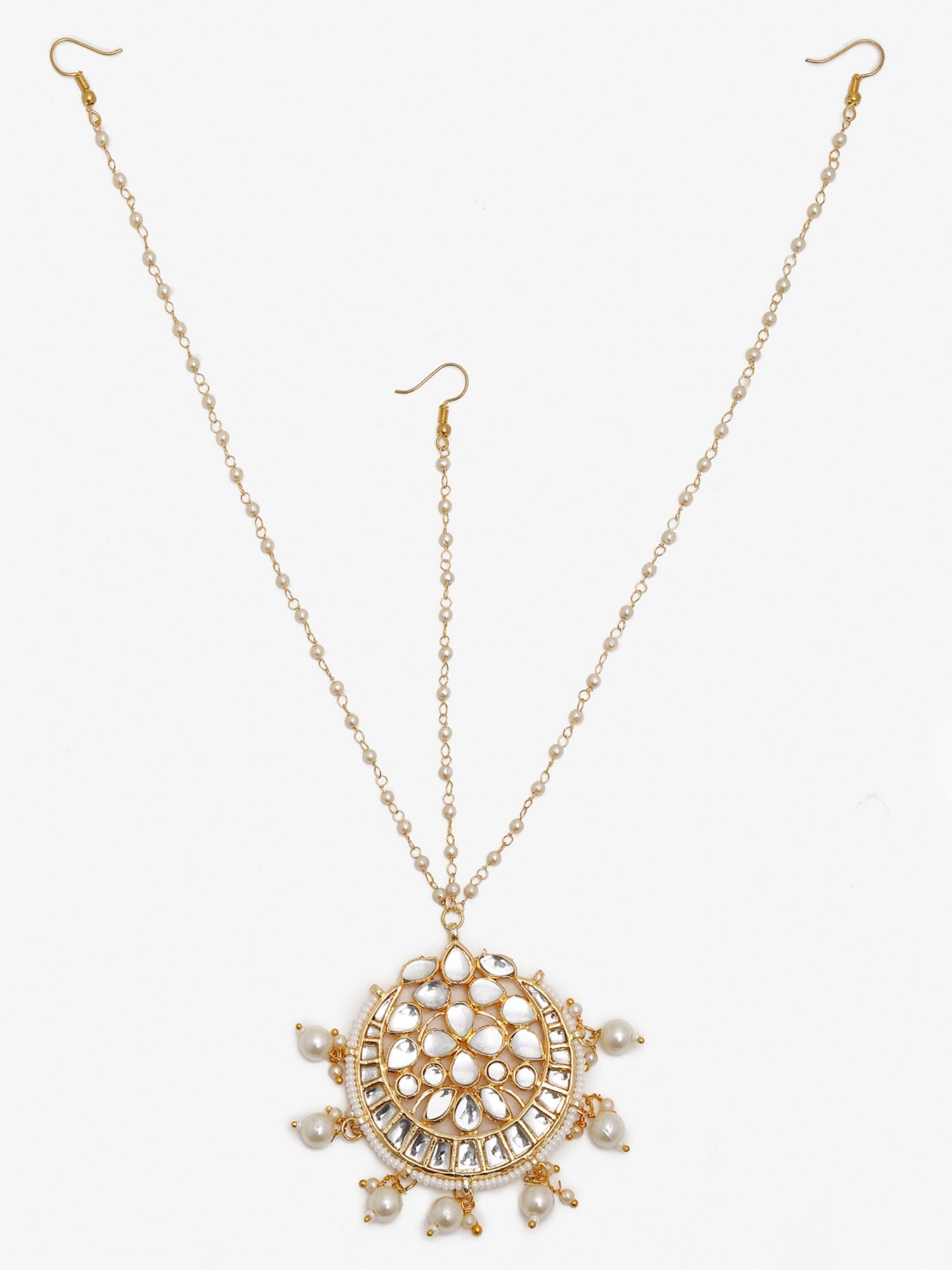Gold-Plated White Kundan-Studded Pearl Beaded Handcrafted Maatha Patti - Ruby Raang - Distacart