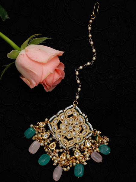 Multicoloured Gold-Polished Kundan Maang Tikka - Ruby Raang