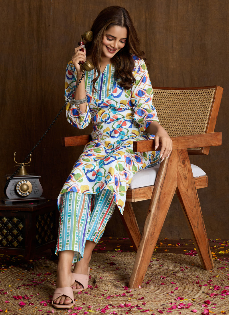 Prazu Fashion Multi Color Printed Cotton Blend Kurta Pant Set - Distacart