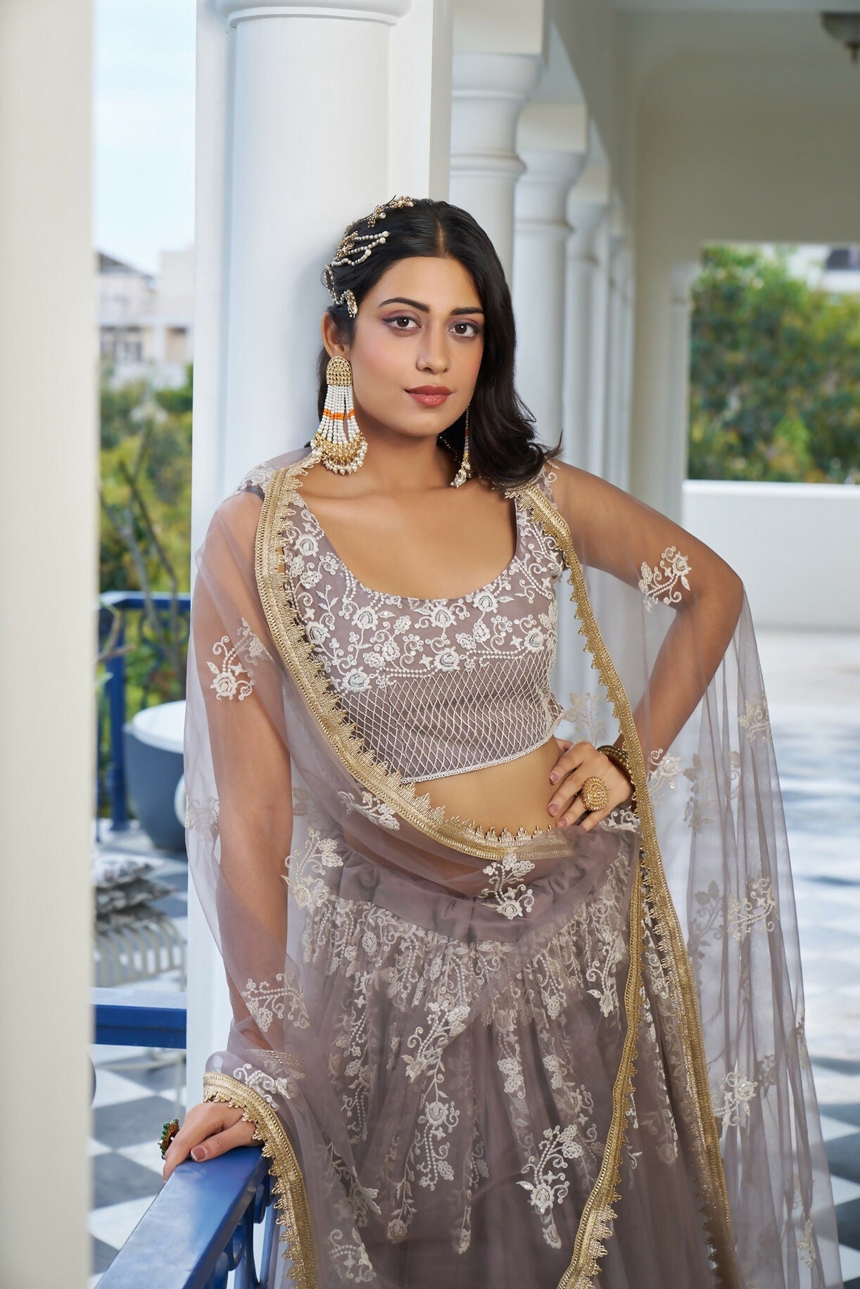 Eilara Glamorous Light Dusty Brown Butterfly Net With Thread And Sequins Embroidered Work Lehenga Choli