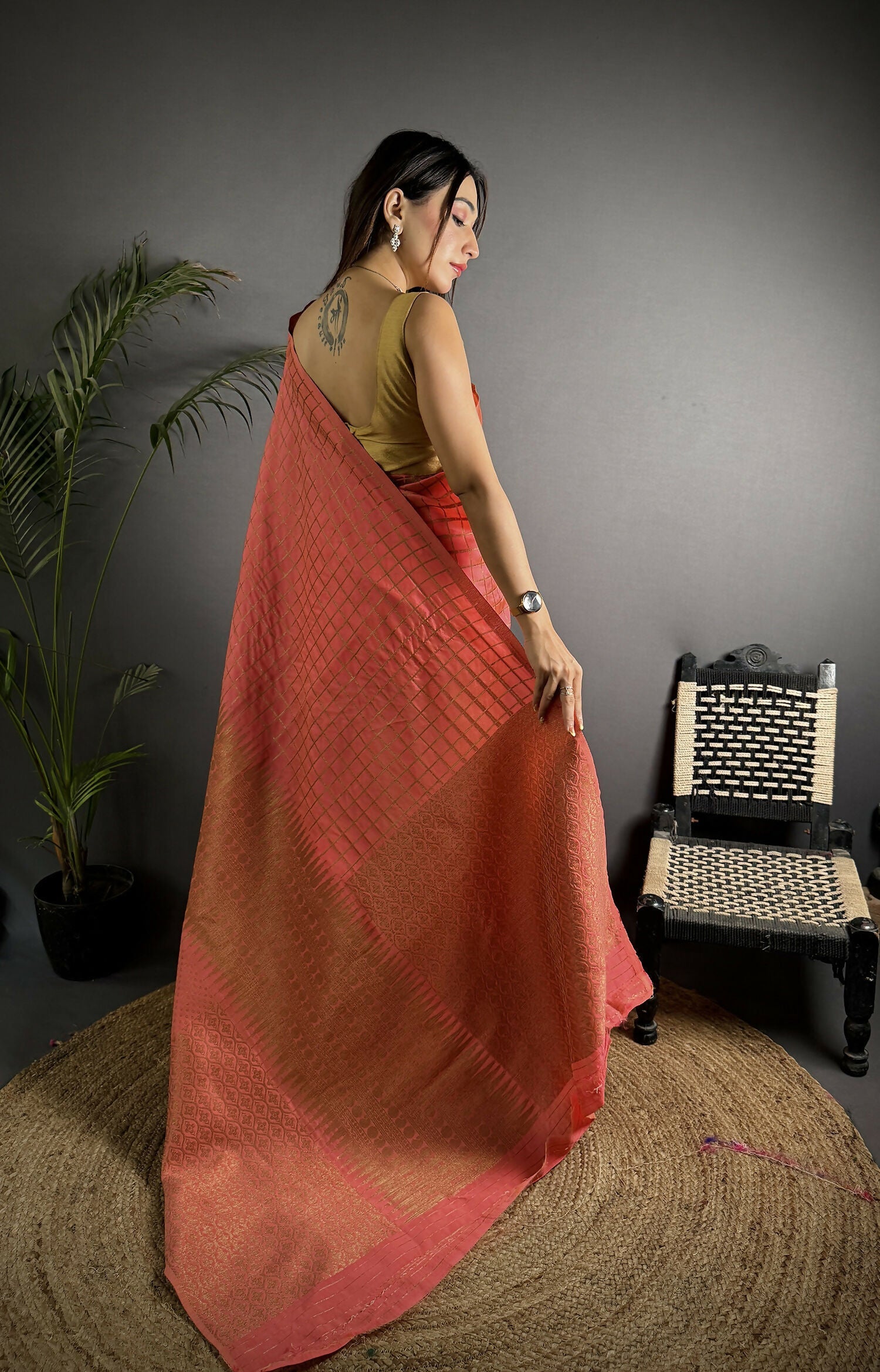 Joban Fashion Peach Banarasi Soft Lichi Silk Checks & Woven Saree - Distacart