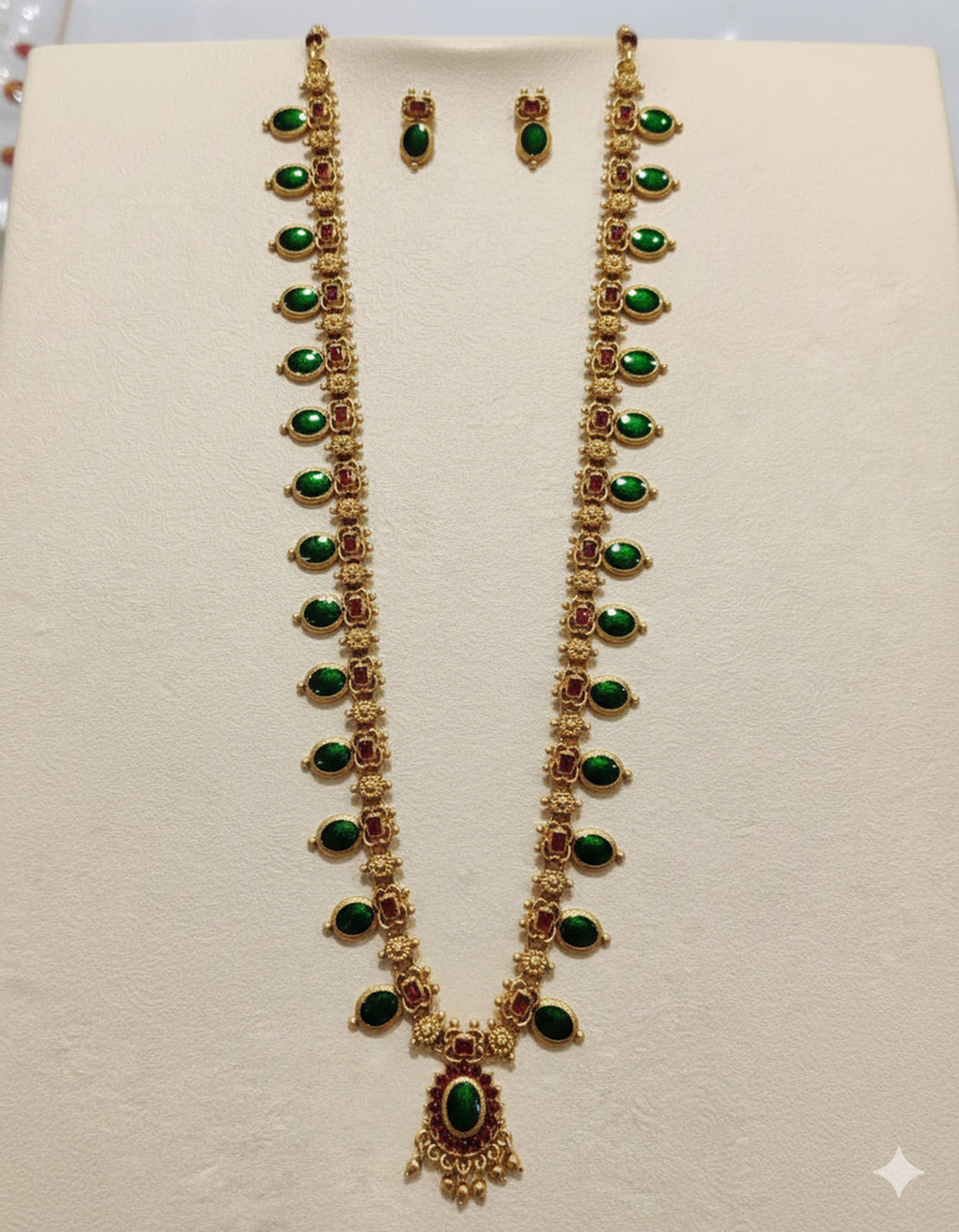 Jewel City Antique Gold-Plated Lakshmi Temple Necklace Set with Pearls & Green Stones for Women