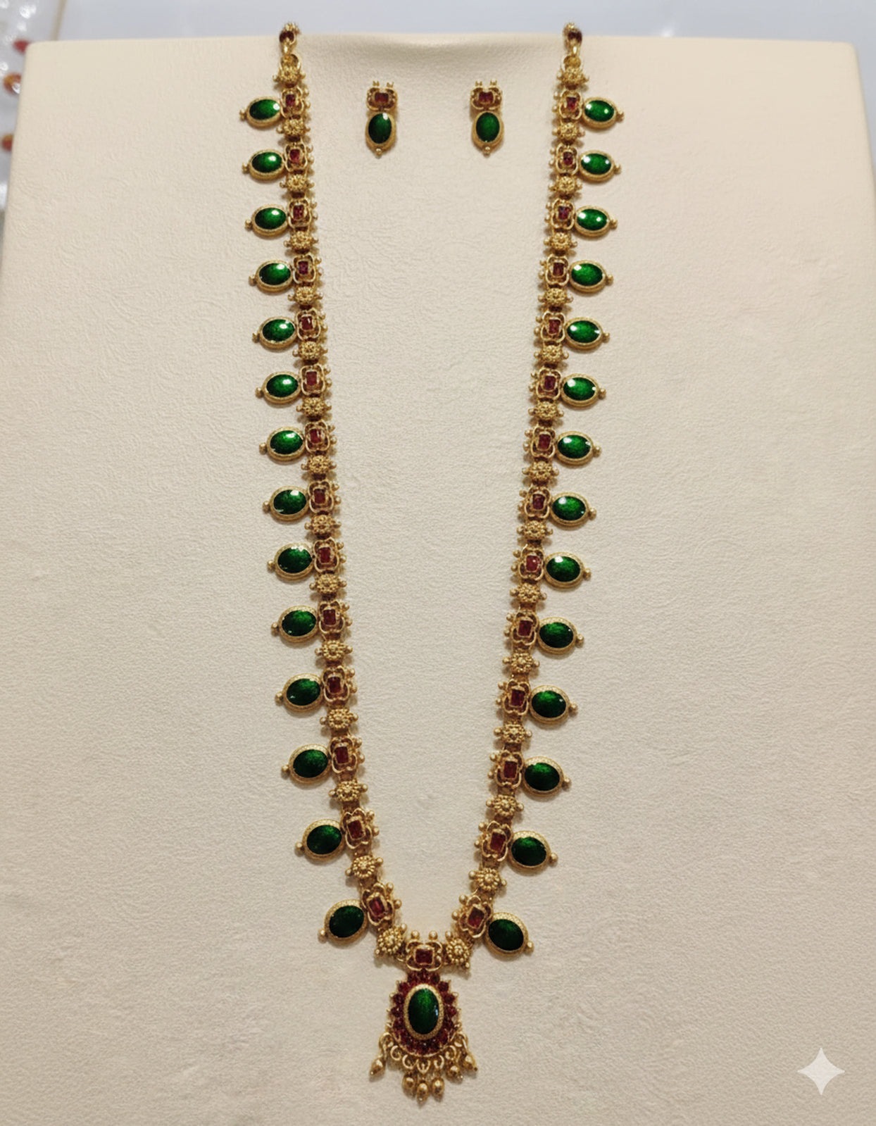 Jewel City Antique Gold-Plated Lakshmi Temple Necklace Set with Pearls & Green Stones for Women