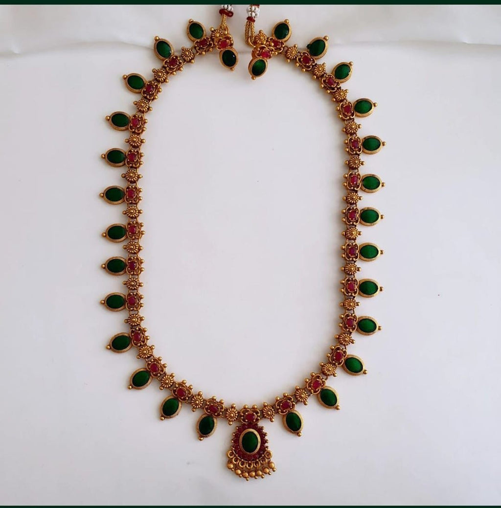 Jewel City Antique Gold-Plated Lakshmi Temple Necklace Set with Pearls & Green Stones for Women