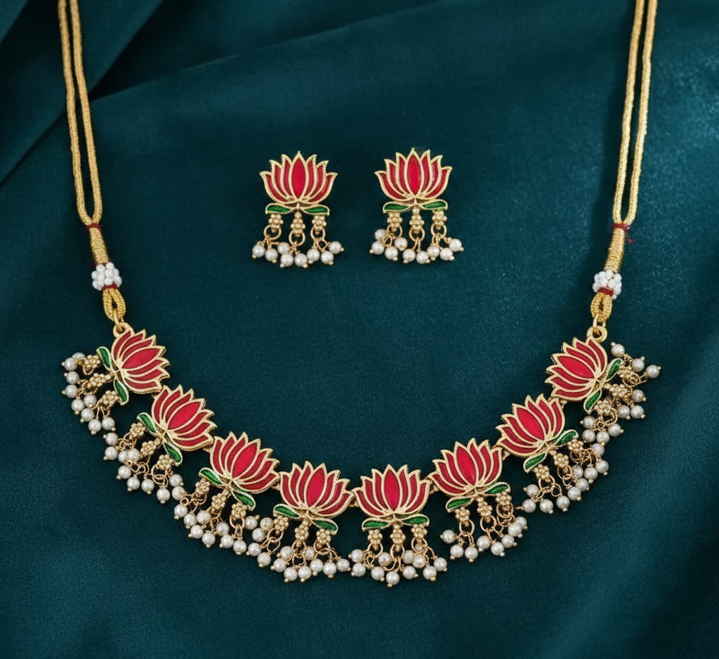 Jewel City Gold-Plated Traditional Handcrafted Multi-Color Lotus Kundan Necklace Set