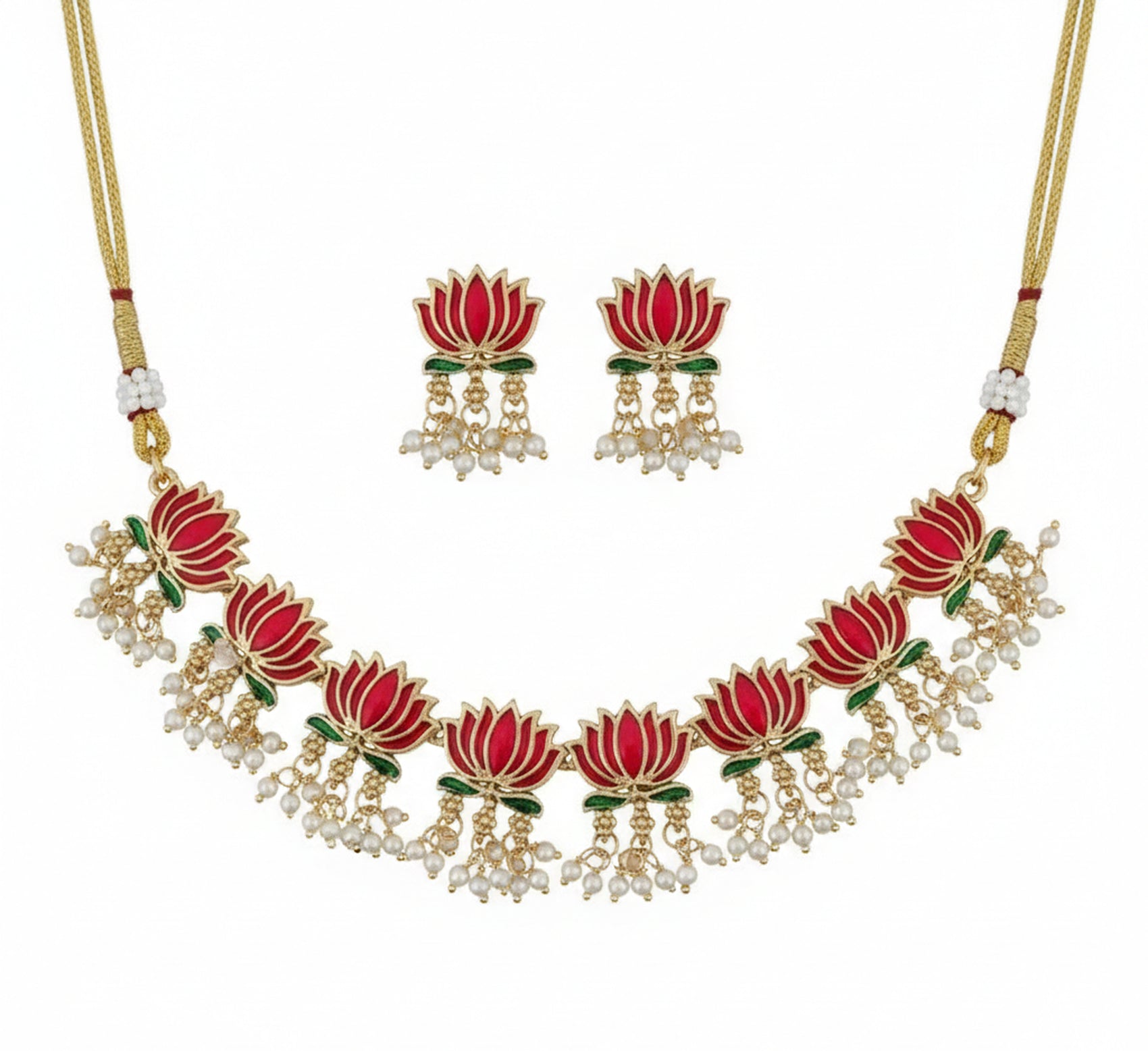 Jewel City Gold-Plated Traditional Handcrafted Multi-Color Lotus Kundan Necklace Set