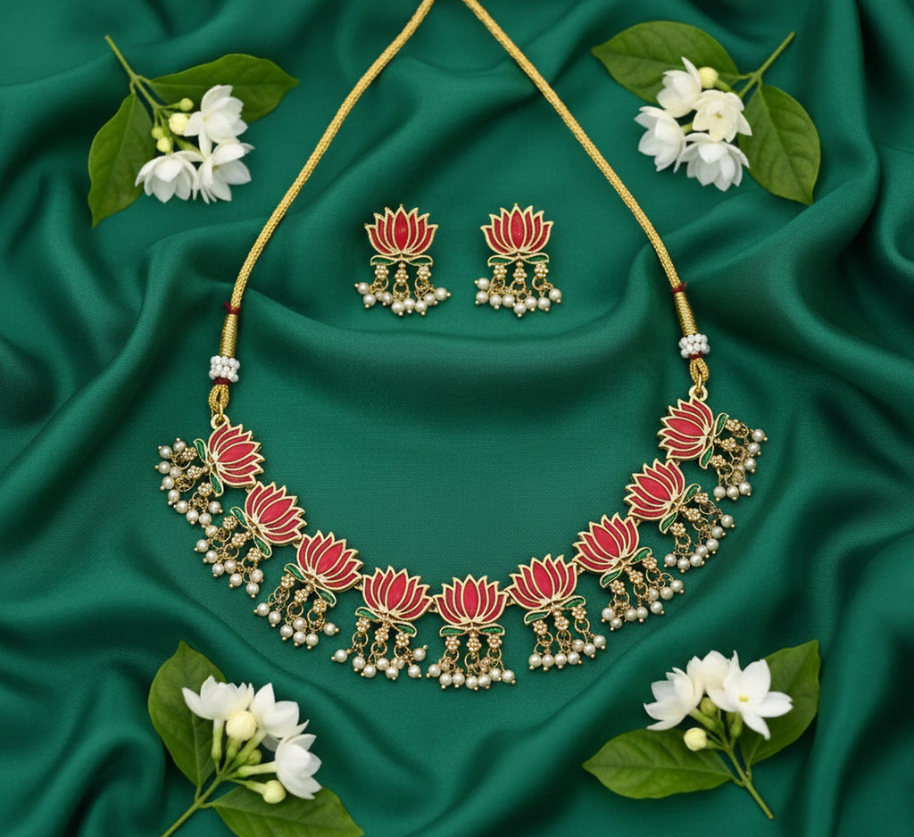 Jewel City Gold-Plated Traditional Handcrafted Multi-Color Lotus Kundan Necklace Set