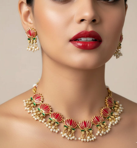 Jewel City Gold-Plated Traditional Handcrafted Multi-Color Lotus Kundan Necklace Set