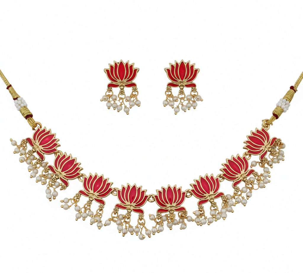 Jewel City Gold-Plated Traditional Handcrafted Red Lotus Kundan Necklace Set