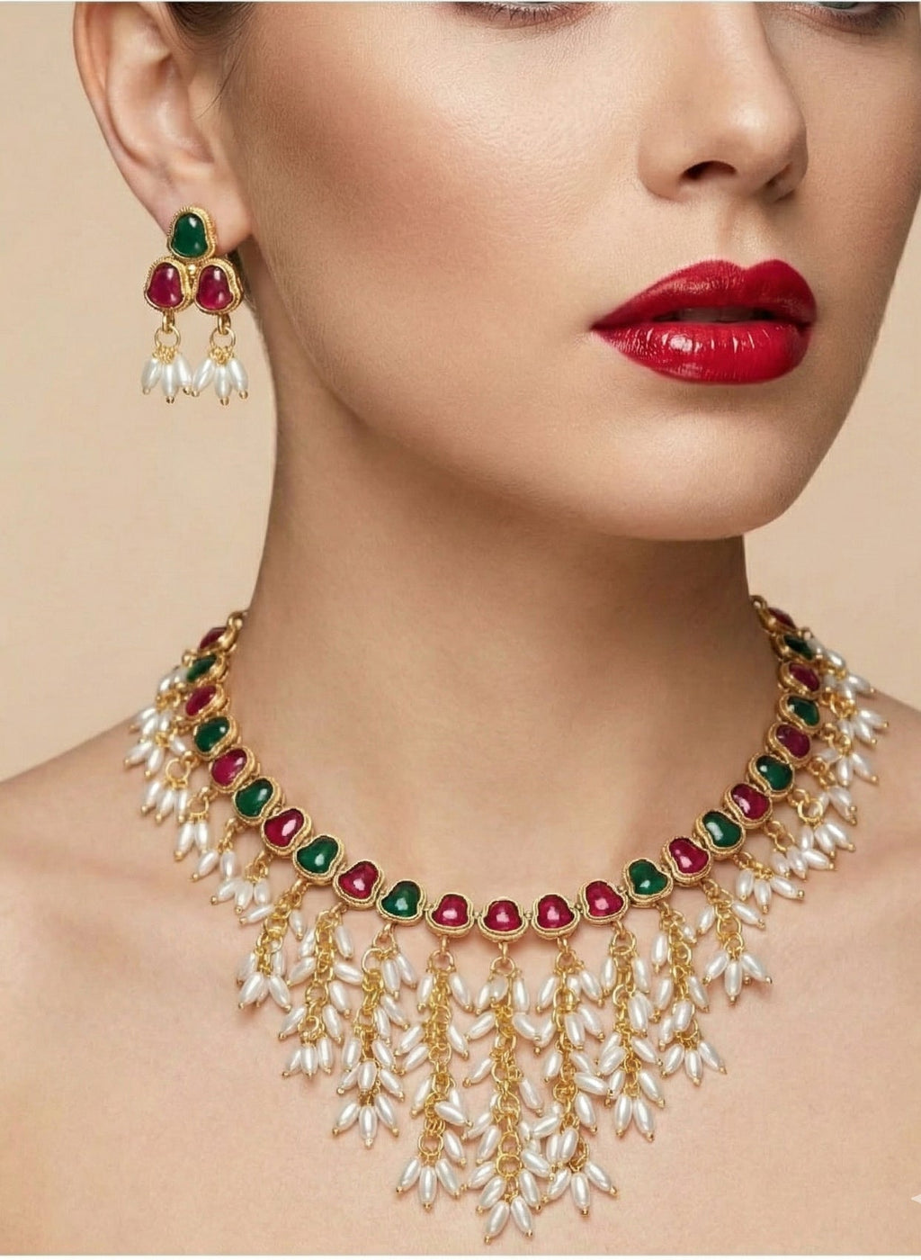 Jewel City Gold Plated Red Pearl Necklace Set