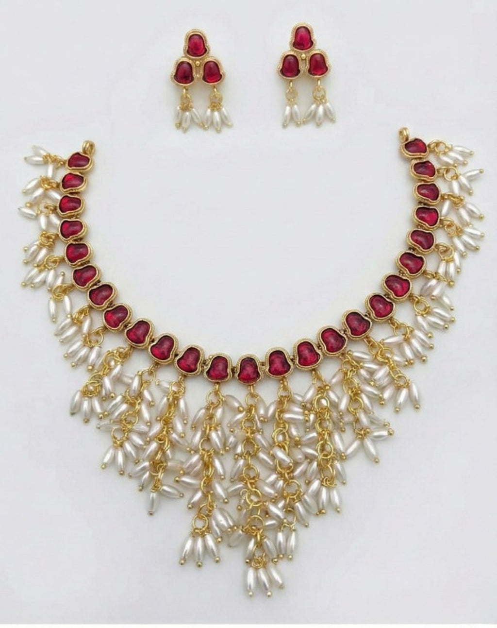 Jewel City Gold Plated Red Pearl Necklace Set