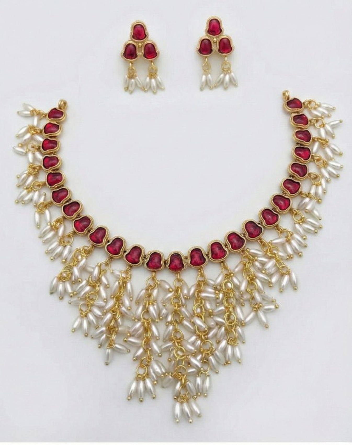 Jewel City Gold Plated Red Pearl Necklace Set