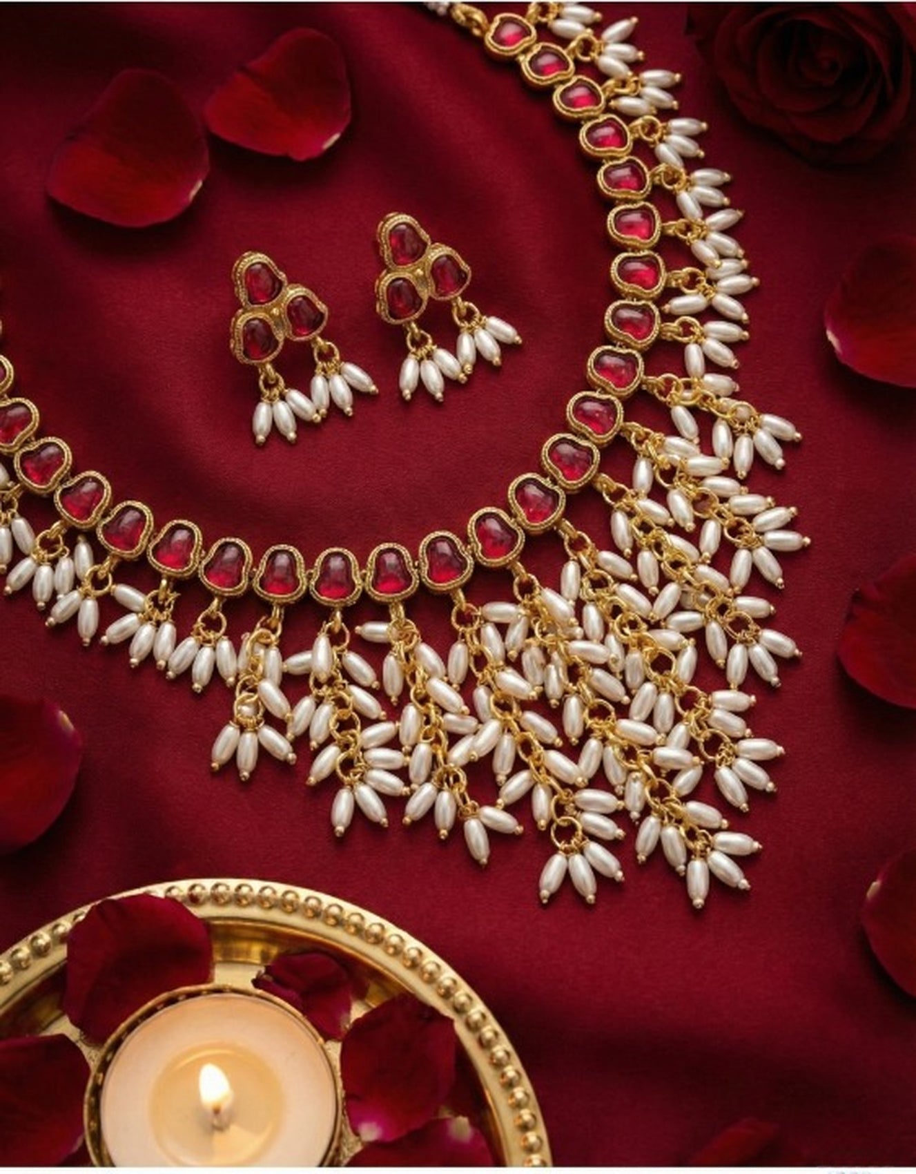 Jewel City Gold Plated Red Pearl Necklace Set