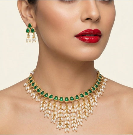 Jewel City Gold Plated Green Pearl Necklace Set
