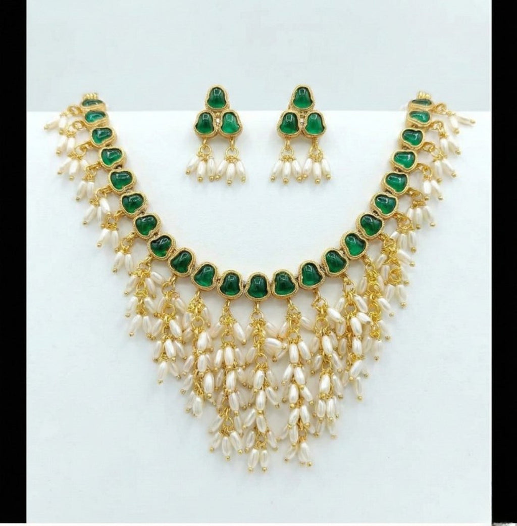 Jewel City Gold Plated Green Pearl Necklace Set