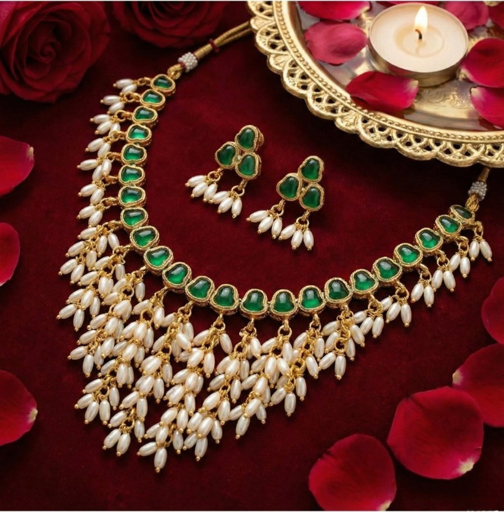 Jewel City Gold Plated Green Pearl Necklace Set