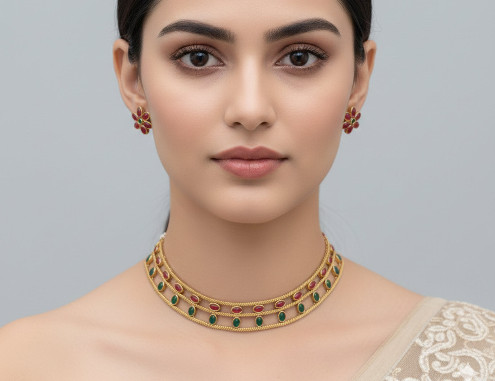 Jewel City Elegant Gold-Plated Ruby & Emerald choker with Floral Stud Earrings | Traditional Ethnic Jewelry Set