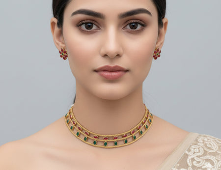 Jewel City Elegant Gold-Plated Ruby & Emerald choker with Floral Stud Earrings | Traditional Ethnic Jewelry Set