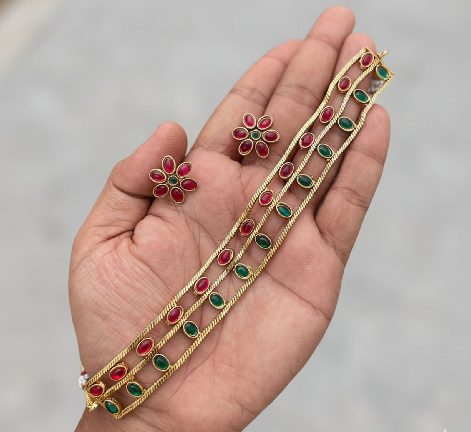 Jewel City Elegant Gold-Plated Ruby & Emerald choker with Floral Stud Earrings | Traditional Ethnic Jewelry Set