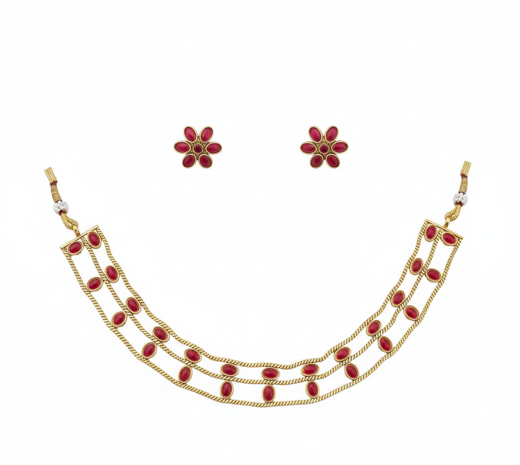 Jewel City Elegant Gold-Plated Ruby choker with Floral Stud Earrings | Traditional Ethnic Jewelry Set