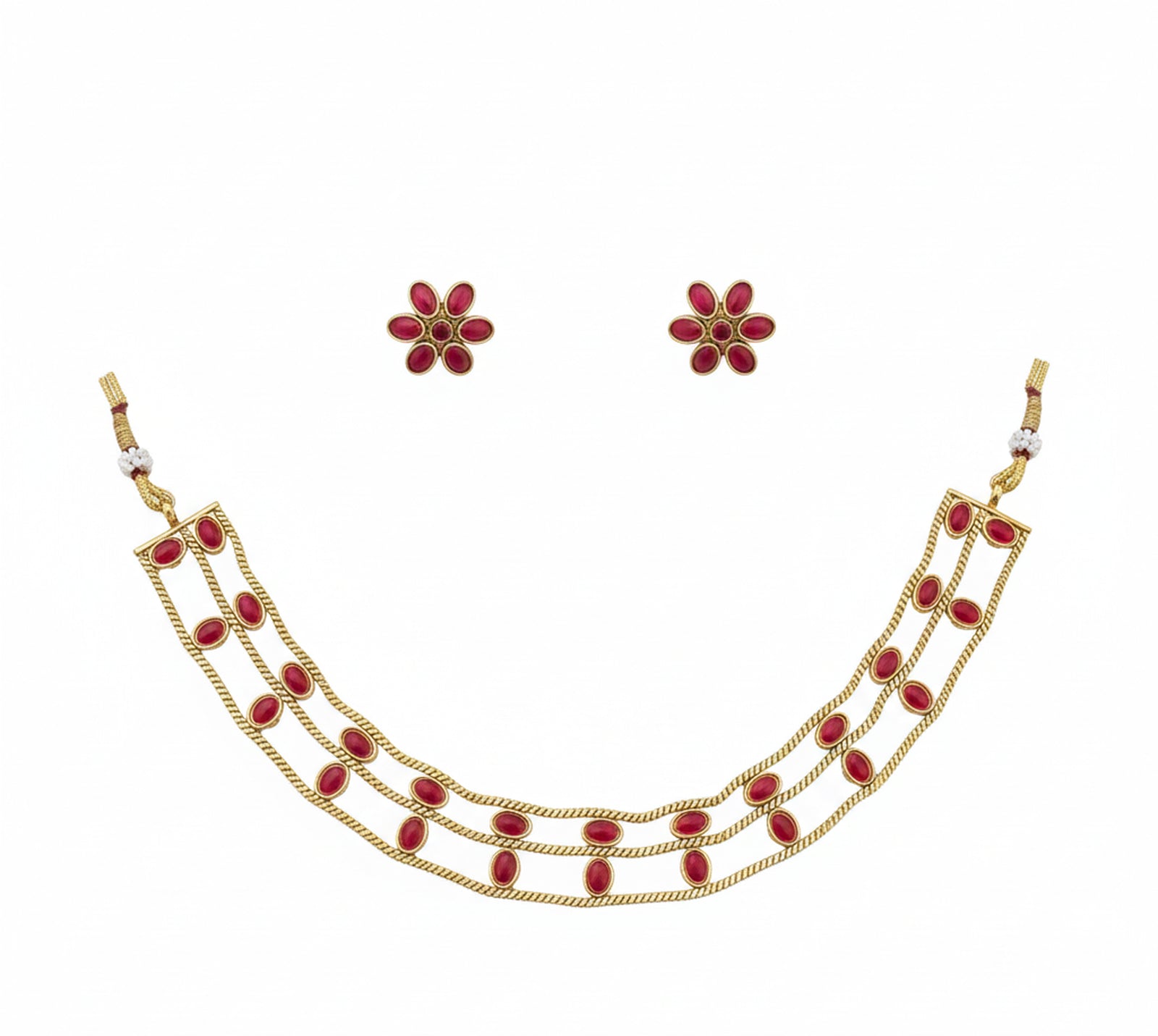 Jewel City Elegant Gold-Plated Ruby choker with Floral Stud Earrings | Traditional Ethnic Jewelry Set