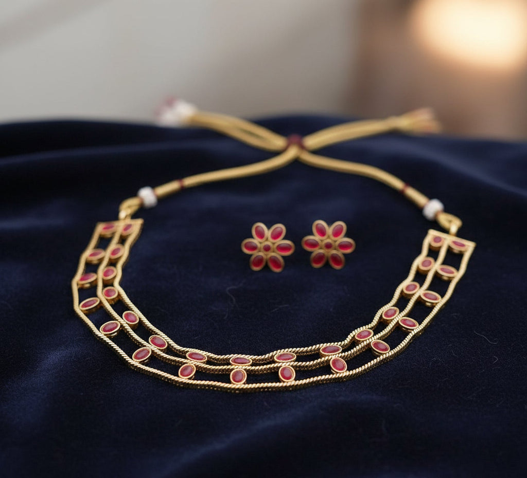 Jewel City Elegant Gold-Plated Ruby choker with Floral Stud Earrings | Traditional Ethnic Jewelry Set
