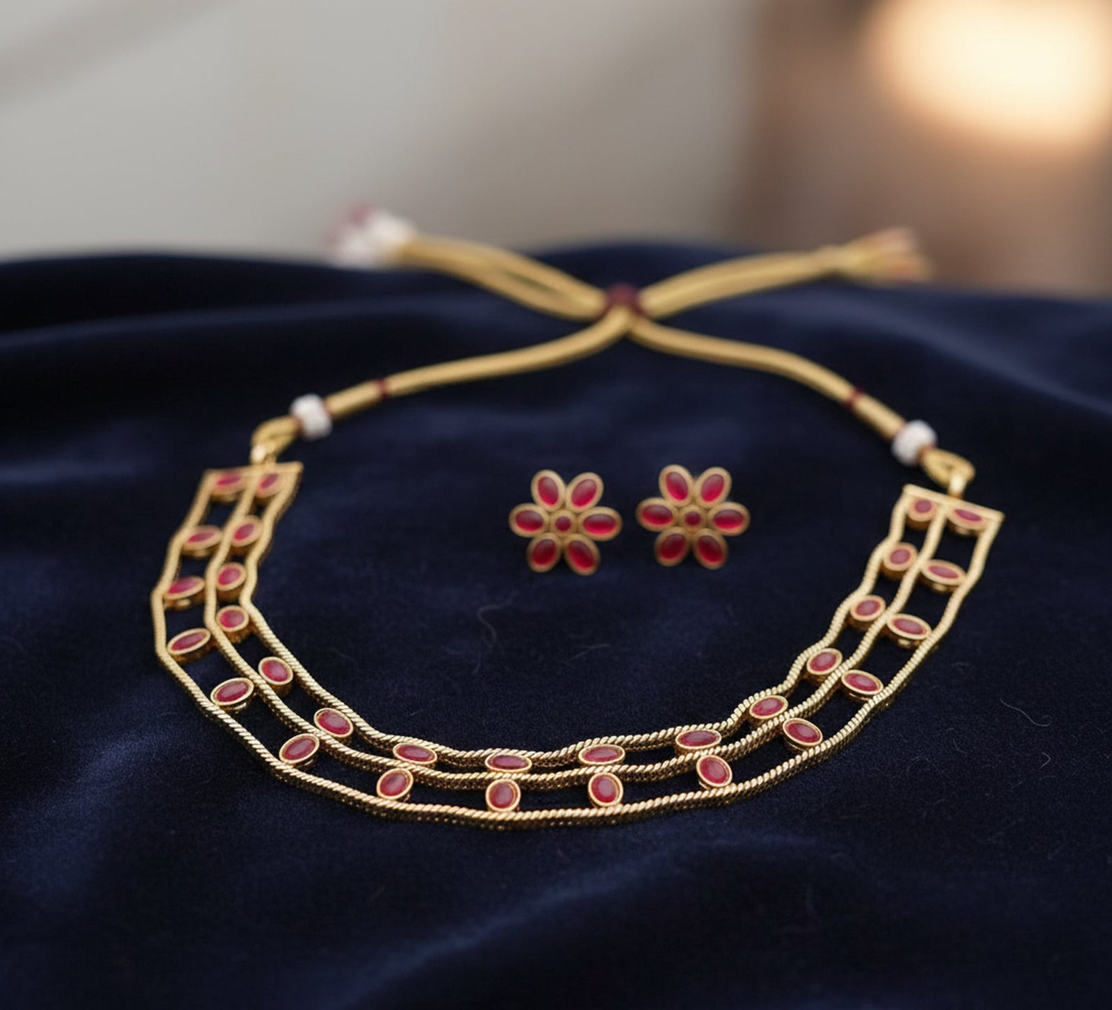 Jewel City Elegant Gold-Plated Ruby choker with Floral Stud Earrings | Traditional Ethnic Jewelry Set
