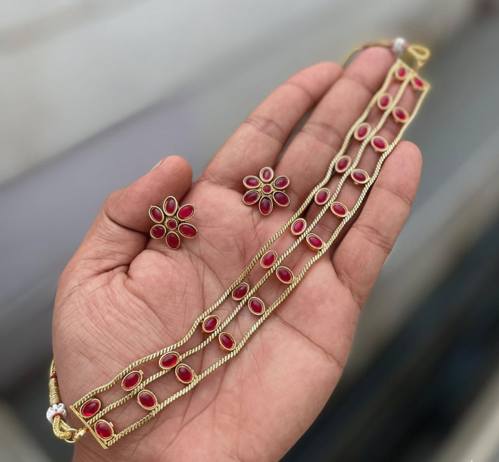 Jewel City Elegant Gold-Plated Ruby choker with Floral Stud Earrings | Traditional Ethnic Jewelry Set