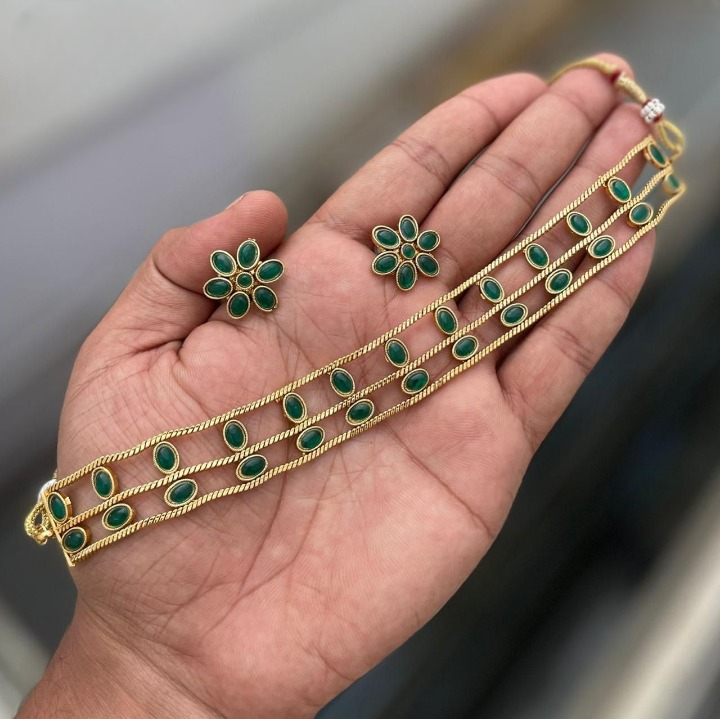 Jewel City Elegant Gold-Plated Green choker with Floral Stud Earrings | Traditional Ethnic Jewelry Set