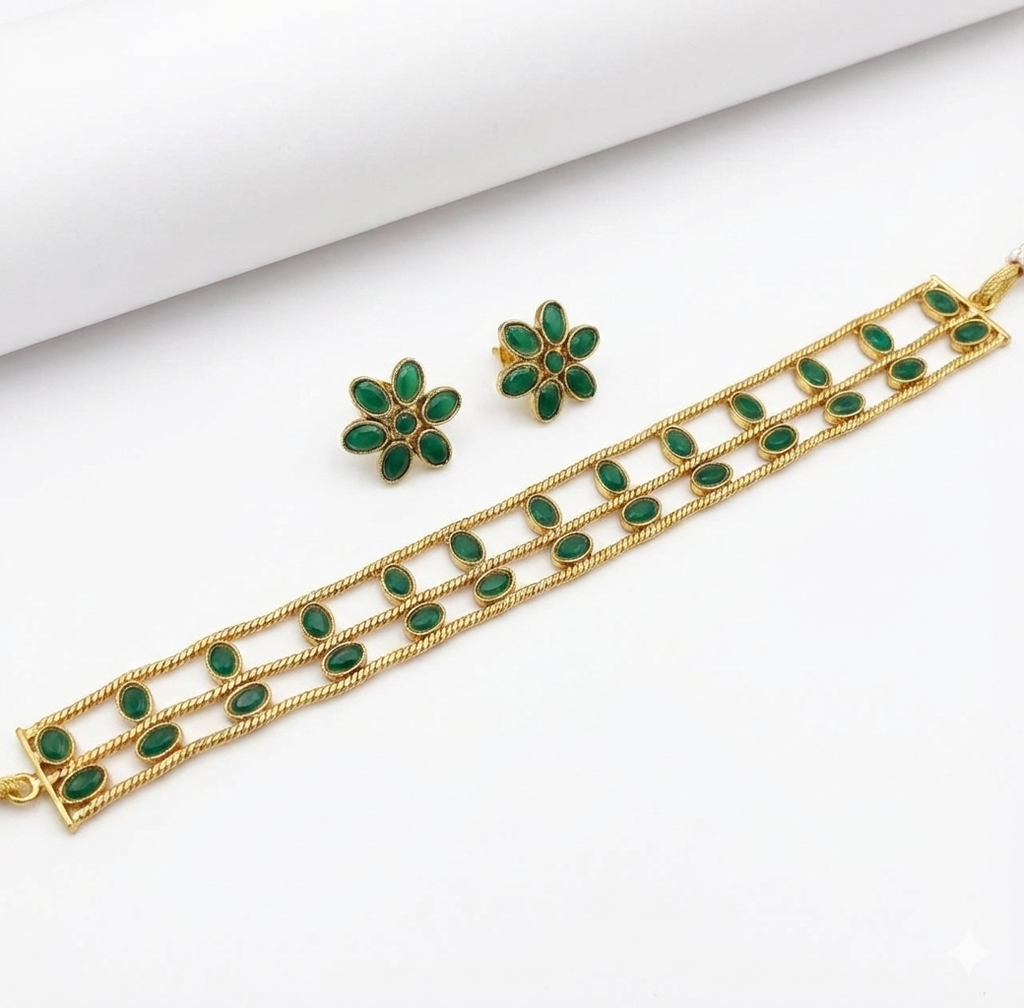 Jewel City Elegant Gold-Plated Green choker with Floral Stud Earrings | Traditional Ethnic Jewelry Set