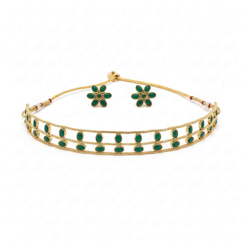 Jewel City Elegant Gold-Plated Green choker with Floral Stud Earrings | Traditional Ethnic Jewelry Set