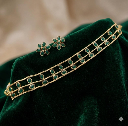 Jewel City Elegant Gold-Plated Green choker with Floral Stud Earrings | Traditional Ethnic Jewelry Set