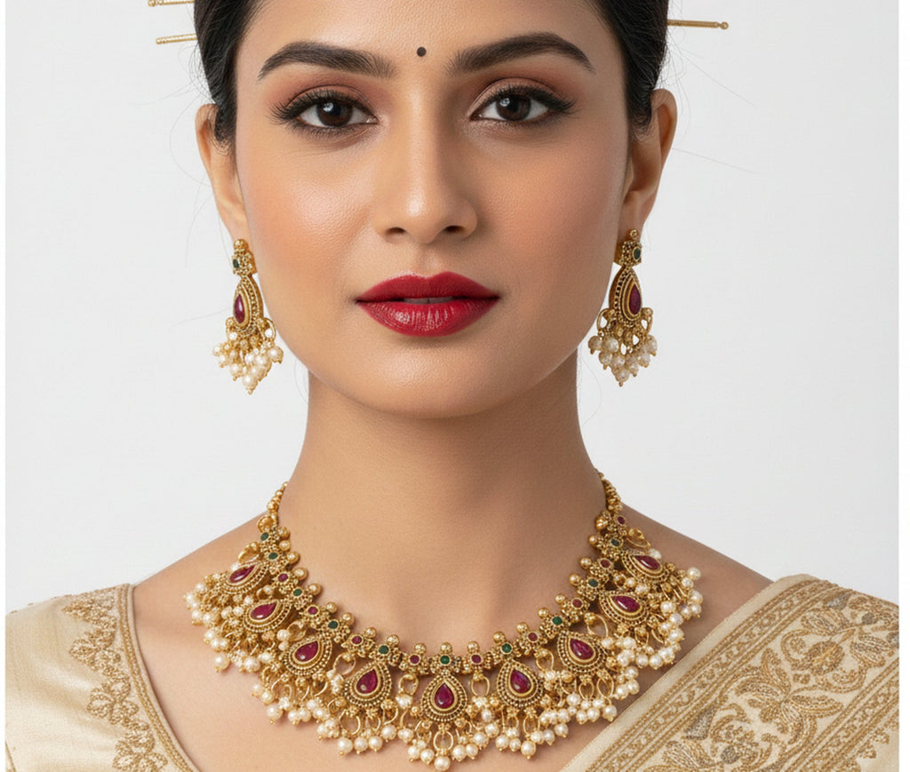 Jewel City Stunning Handcrafted Antique Gold-Plated Necklace Set