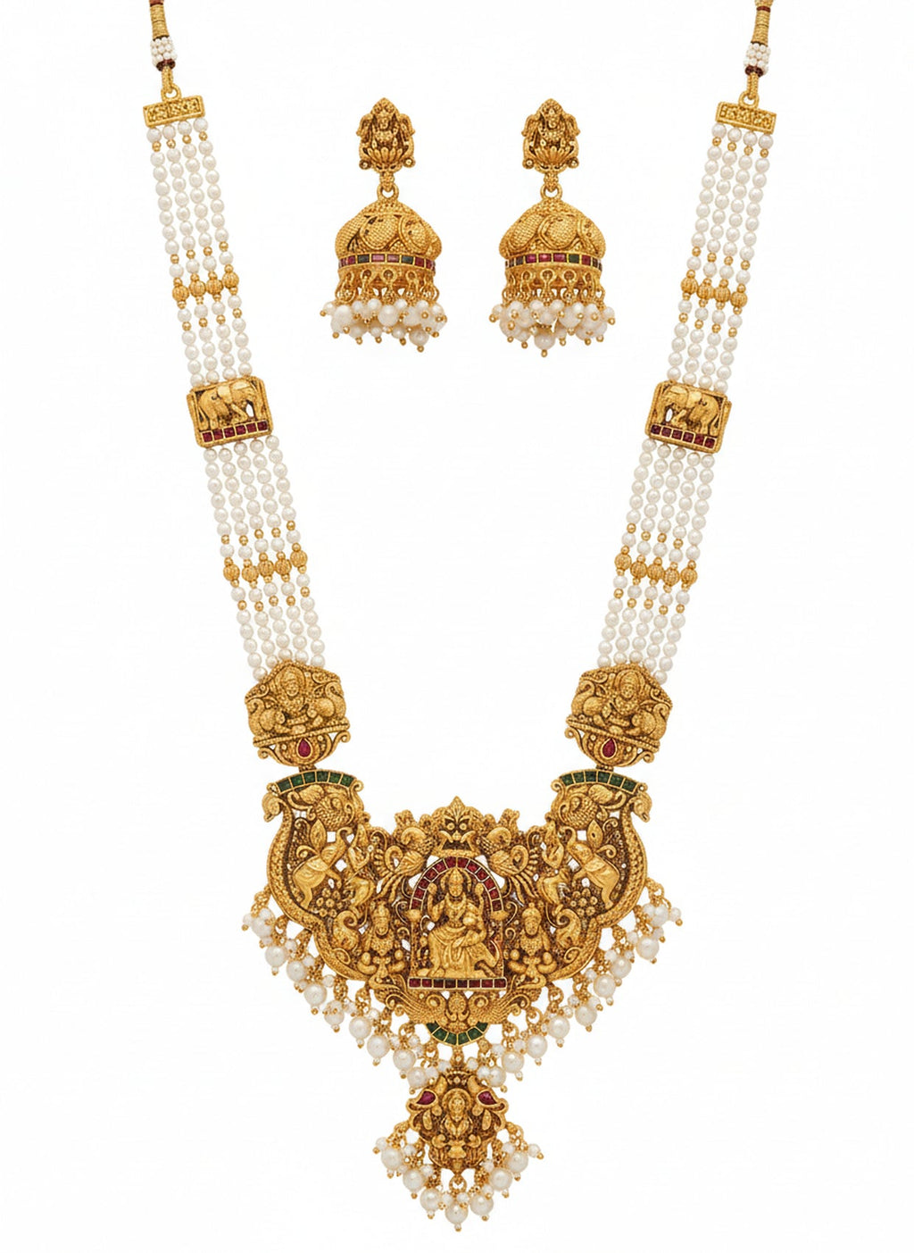 Jewel City Antique Gold-Plated Temple Lakshmi Haram Necklace Set with White Beads & Jhumka Earrings