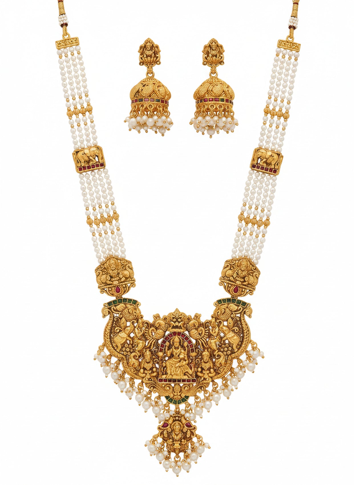 Jewel City Antique Gold-Plated Temple Lakshmi Haram Necklace Set with White Beads & Jhumka Earrings