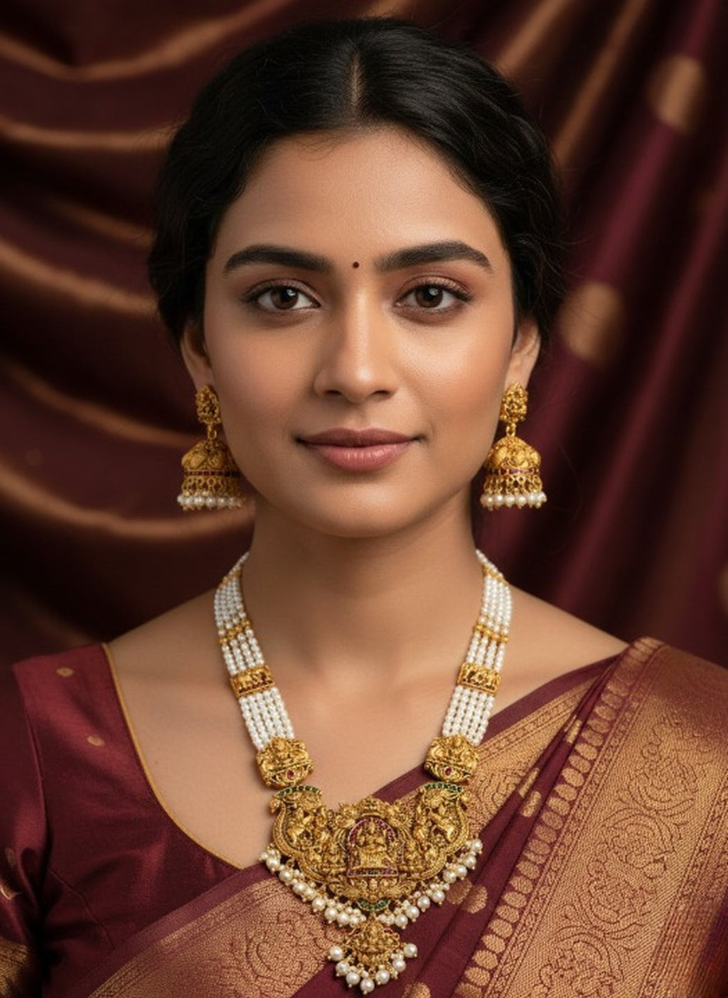 Jewel City Antique Gold-Plated Temple Lakshmi Haram Necklace Set with White Beads & Jhumka Earrings